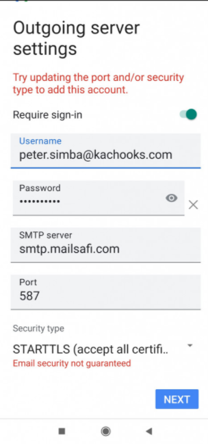 Mailsafi android outgoing security settings