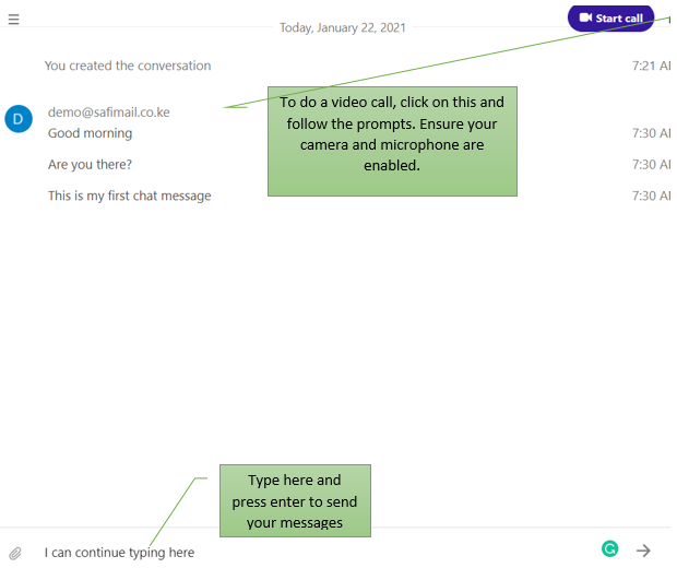 Mailsafi start message/video chat