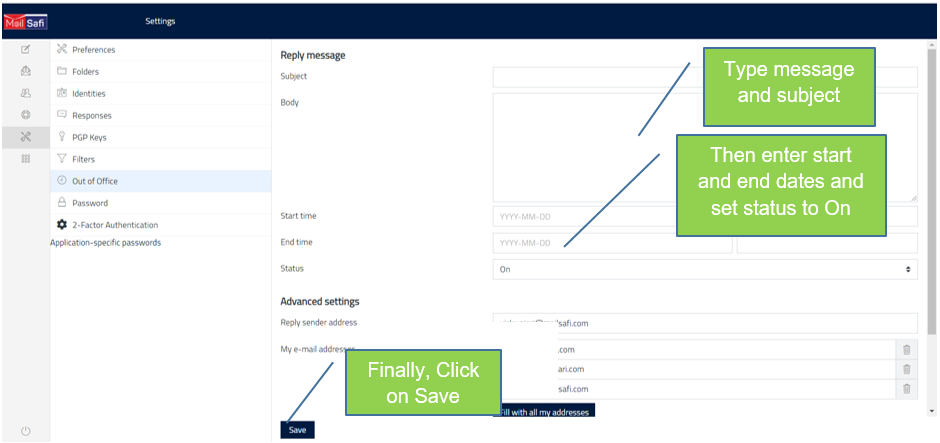 MailSafi type out of office message